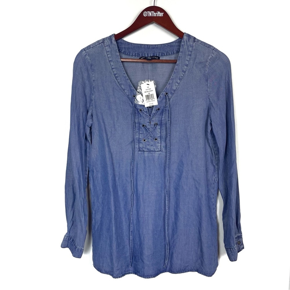 Saks Fifth Avenue NWT Chambray Lace Up Peasant Style Blouse Blue Women's Size XS